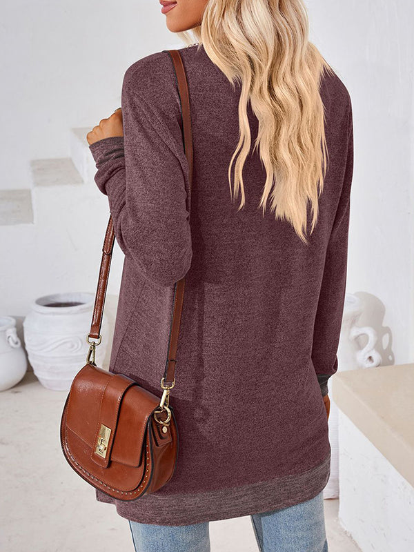 Hollow Split-Joint Split-Side Long Sleeves Loose V-Neck T-Shirts Tops