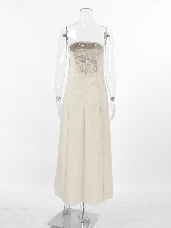 Elasticity Pockets Solid Color Zipper A-Line Loose Tube Maxi Dresses