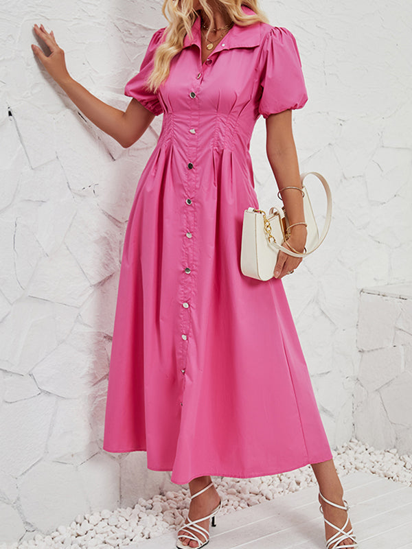 Pleated Split-Joint Loose Puff Sleeves Lapel Shirt Dress Maxi Dresses