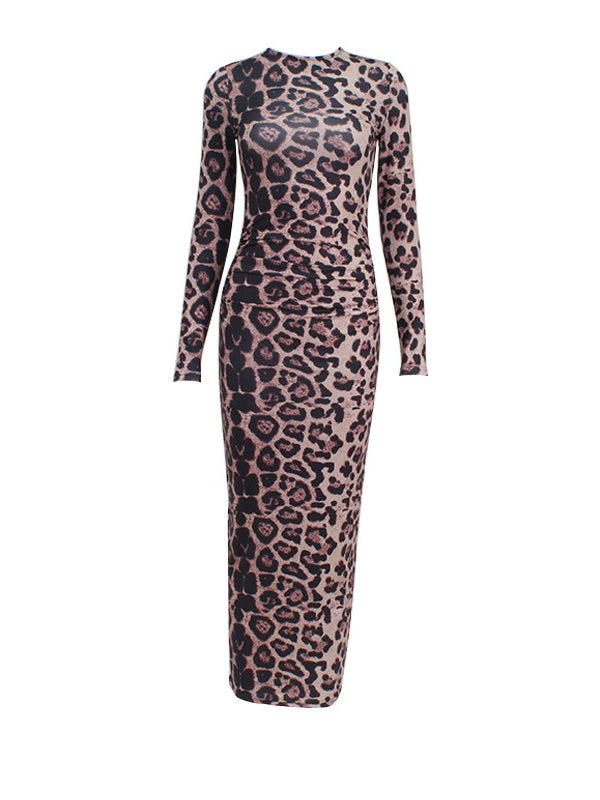 Leopard Printed Bodycon Long Sleeves Round-Neck Maxi Dresses