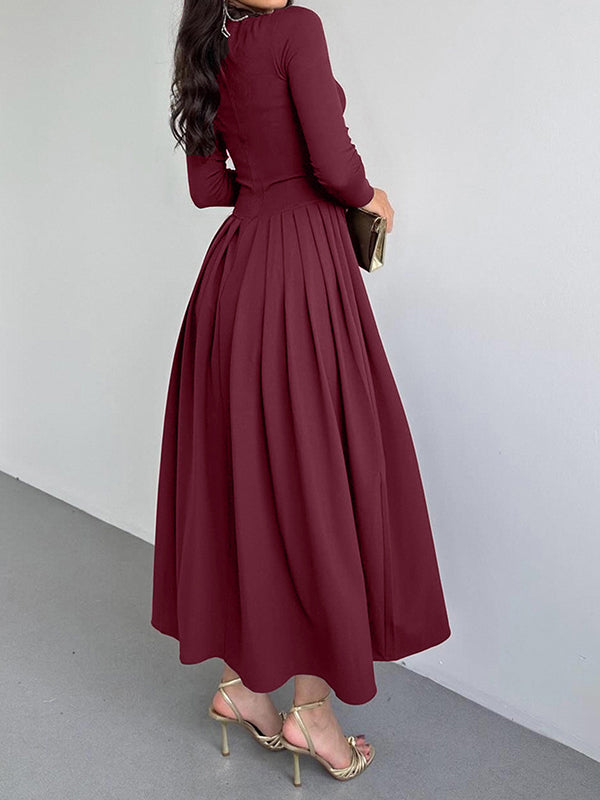 Asymmetric Pleated Solid Color Split-Joint A-Line Bodycon One-Shoulder Maxi Dresses