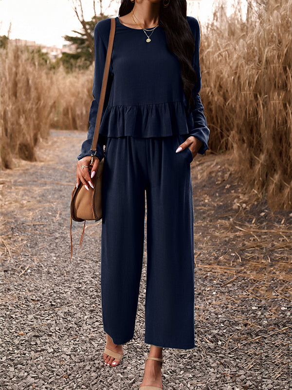 Round-Neck Long Sleeves Loose Pleated Solid Color Split-Joint Shirts Top + Pants Bottom Two Pieces Set