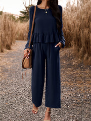 Round-Neck Long Sleeves Loose Pleated Solid Color Split-Joint Shirts Top + Pants Bottom Two Pieces Set
