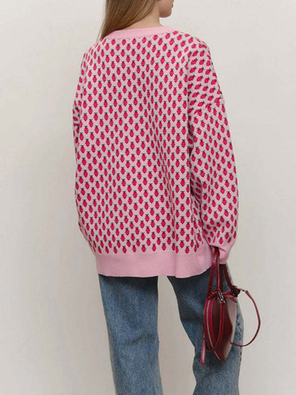 Pleated Split-Joint Long Sleeves Loose Round-Neck Sweater Tops