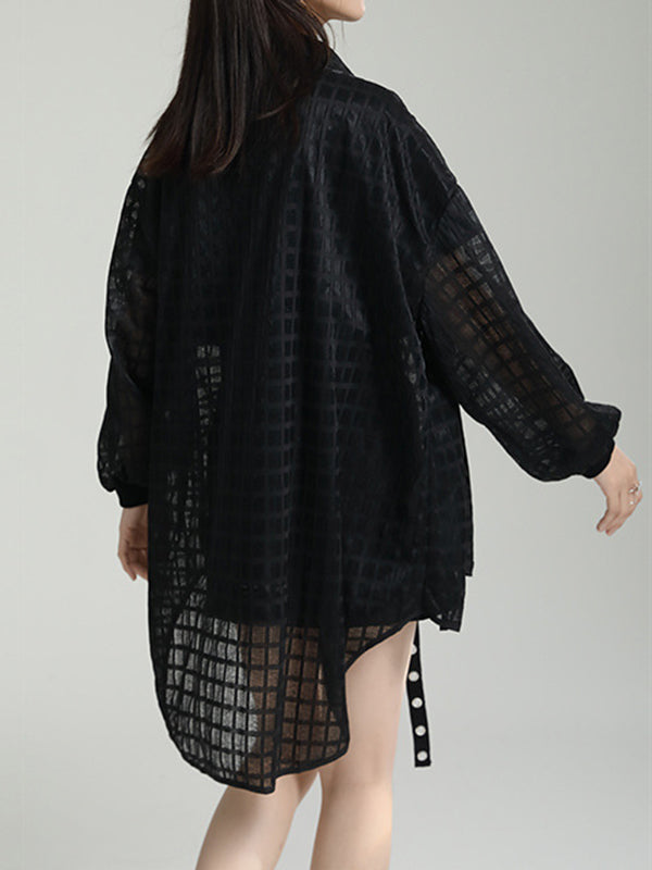 Gauze See-Through High-low Long Sleeves Round-neck Blouses&shirts Tops