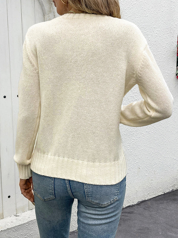 Hollow Solid Color Long Sleeves Loose Round-Neck Sweater Tops Pullovers