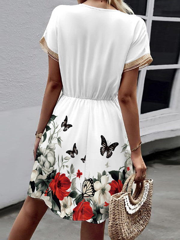 Butterfly Print Elasticity Hollow Split-Joint Tasseled Tied Waist A-line Loose V-neck Mini Dresses