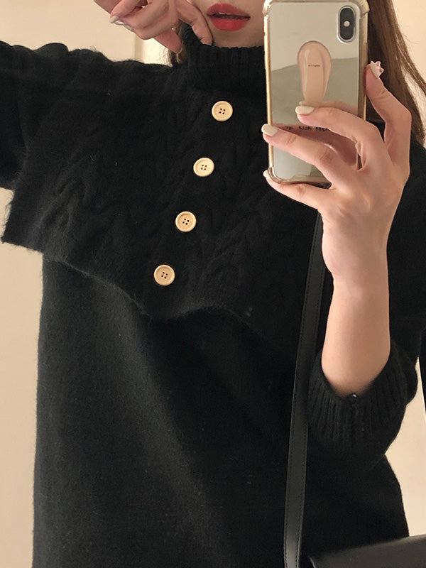 Original Stylish Buttoned Shawl High-Neck Long Sleeves Sweater Dress