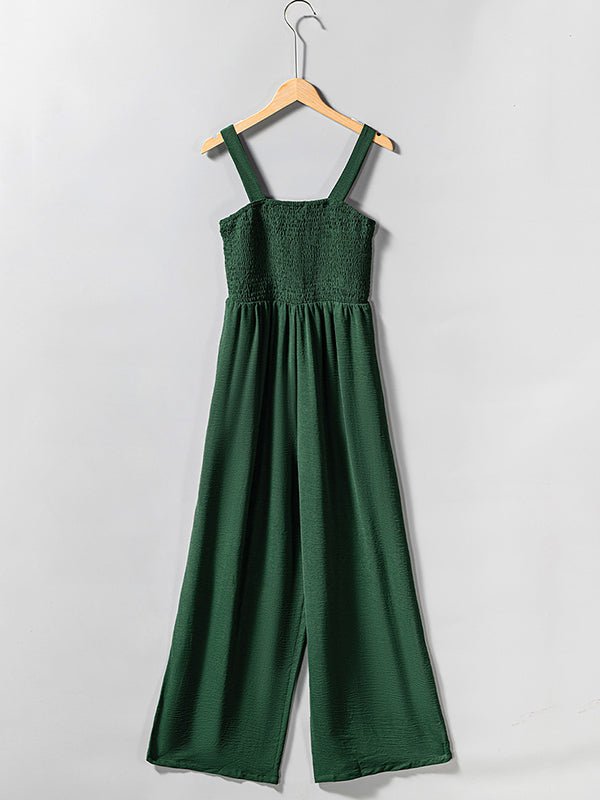 Pleated Solid Color Sleeveless Wide Leg Square-Neck Jumpsuits