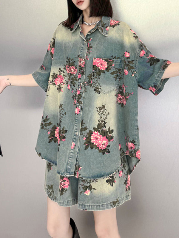 Elasticity Floral Printed Split-Joint Loose Wide Leg Shorts Bottoms