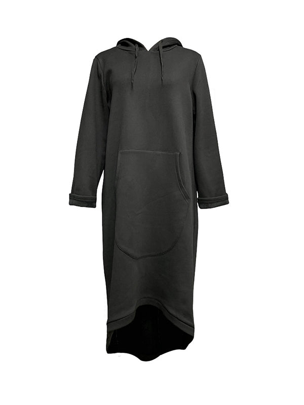 Drawstring Solid Color Split-Joint High-low Long Sleeves Hooded Midi Dresses