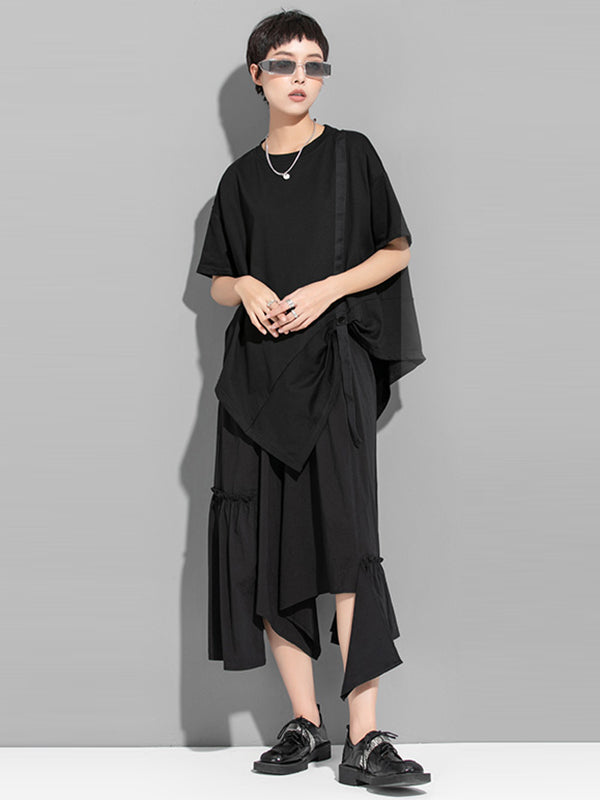 Urban Solid Color Asymmetric Round-Neck T-Shirt Top