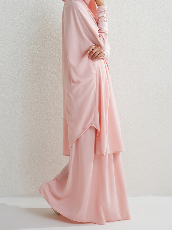Solid Color Batwing Sleeves Long Sleeves Muslim High Neck Shirts Top + Skirts Bottom Two Pieces Set