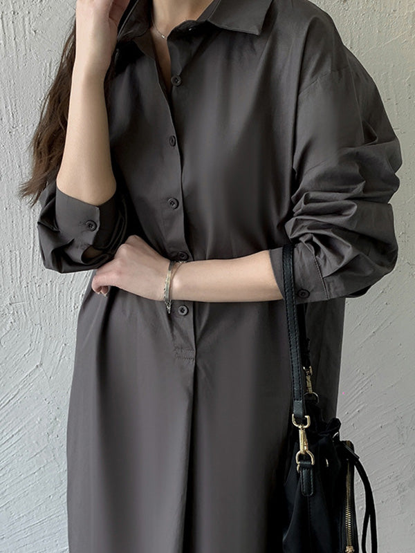 Urban Loose Solid Color Lapel Collar Shirt Midi Dresses