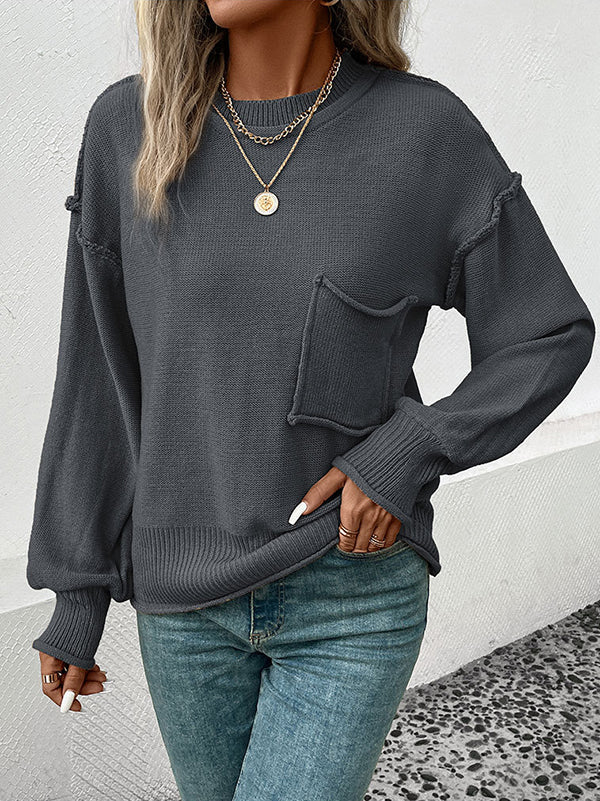 Pockets Solid Color Split-Joint Long Sleeves Loose Round-Neck Sweater Tops Pullovers
