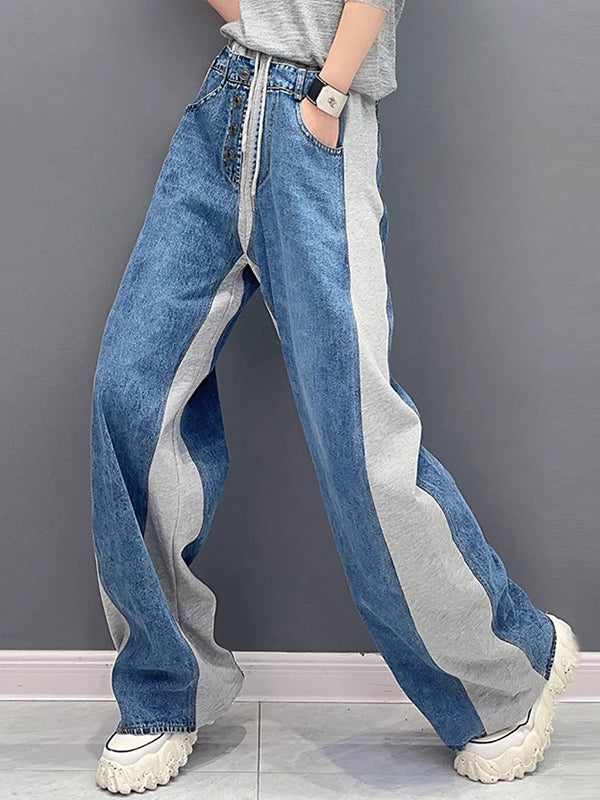 Buttoned Contrast Color Drawstring Elasticity Split-Joint Loose Straight Leg Trousers Pants