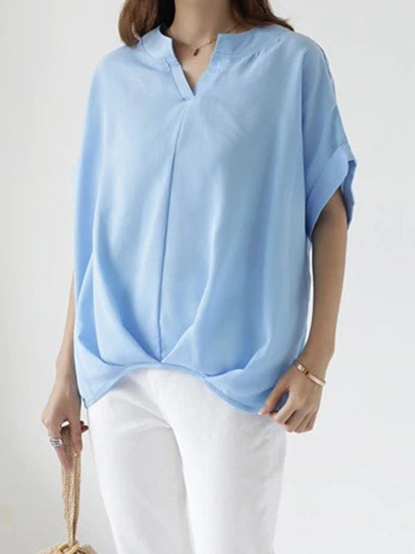 Pleated Solid Color Split-Joint Batwing Sleeves Loose Round-Neck Blouses&Shirts Tops
