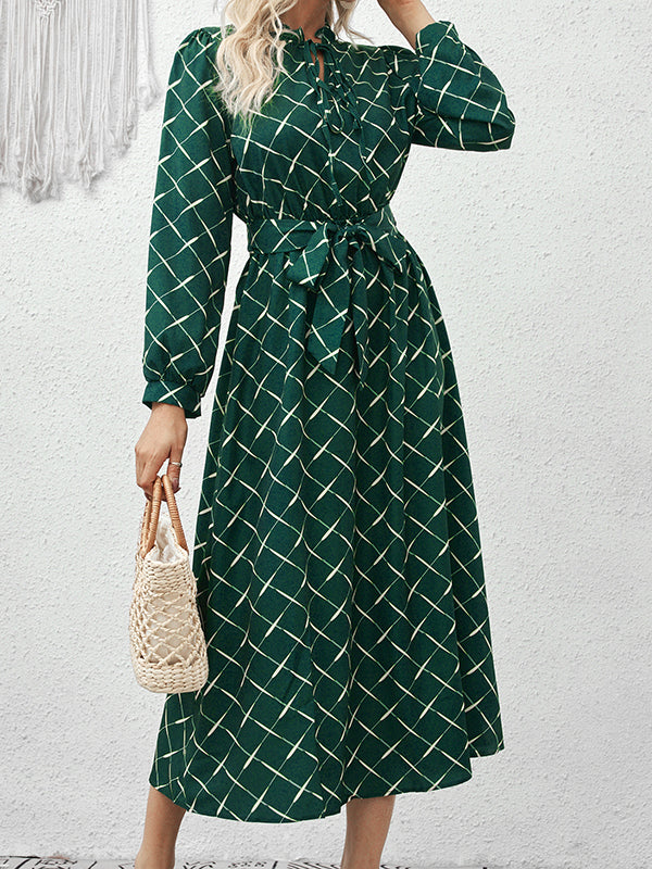 Lace-Up Pleated Split-Joint Tied Waist Loose Puff Sleeves Stand Collar Midi Dresses