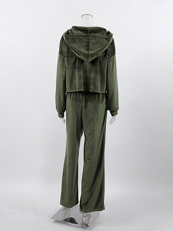 Hooded Velvet Zipper Long Sleeves Solid Color Sweatshirt Top + Drawstring Elasticity Pockets Pants Bottom Two Pieces Set