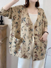 Buttoned Knitted Flower Pockets Long Sleeves Loose V-Neck Cardigan Tops