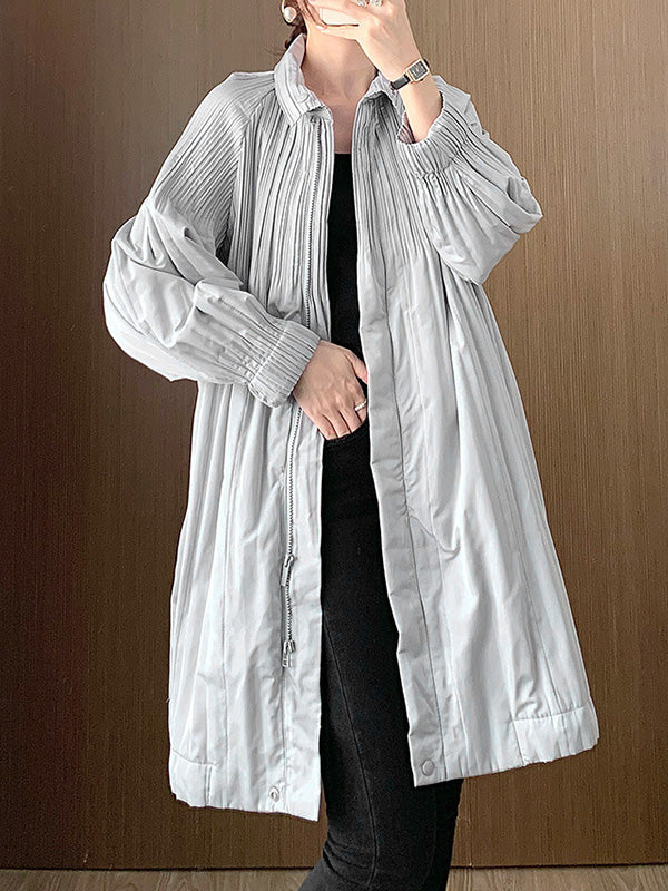 Pleated Quilted Solid Color Zipper Long Sleeves Loose Asymmetric Collar Padded Coat