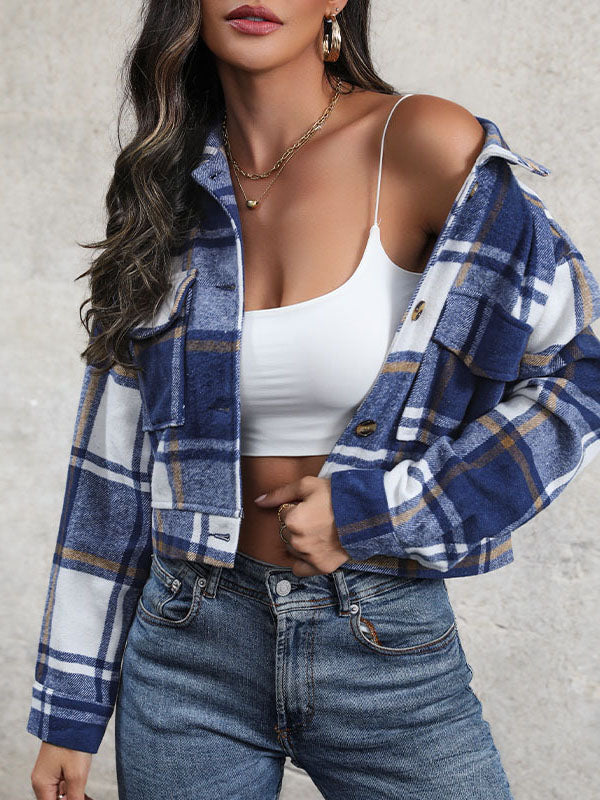 Buttoned Plaid Pockets Split-Joint Long Sleeves Loose Lapel Outerwear Jackets