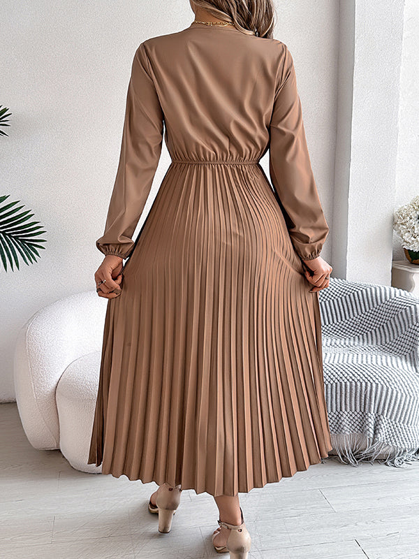 Pleated Solid Color Elasticated Waist High Waisted V-neck Midi Dresses