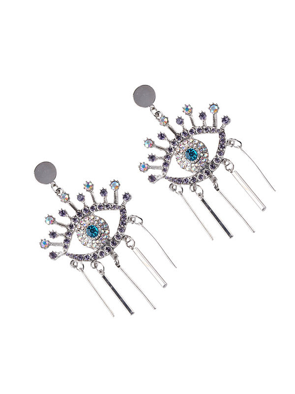 Eye Shape Rhine Stones Tasseled Drop Earrings