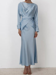 Loose Solid Color Split-Joint Boat Neck Long Sleeves Blouse & Shirt + Skirt Two Pieces Set