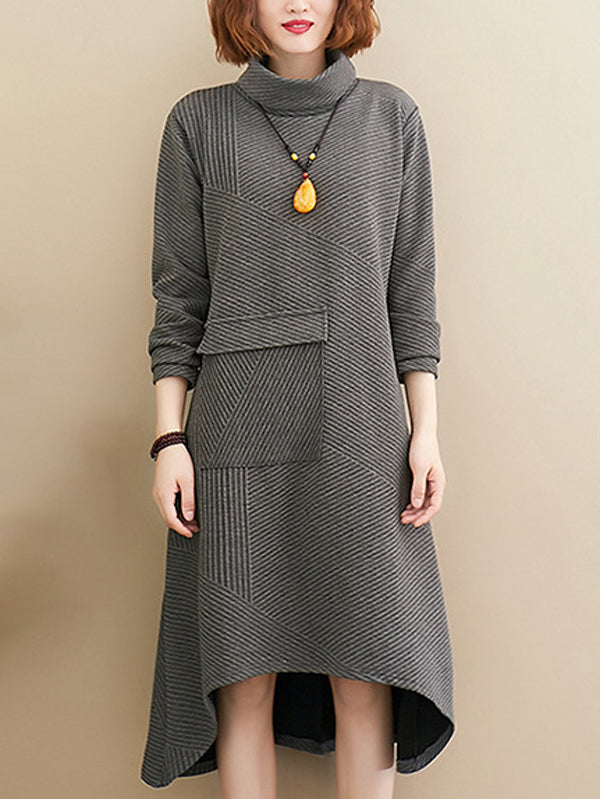 Original Solid High-Neck Irregularity Dress