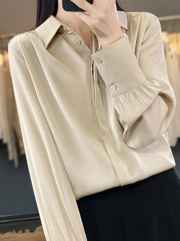 Buttoned Pleated Solid Color Long Sleeves Loose Lapel Blouses&Shirts Tops