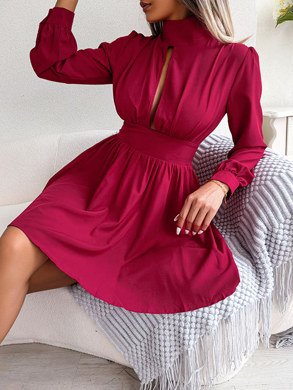 Hollow Solid Color Zipper A-Line Elasticated Waist Half Turtleneck Mini Dresses