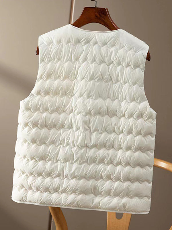 Buttoned Quilted Solid Color Loose Sleeveless Round-Neck Padded Vest