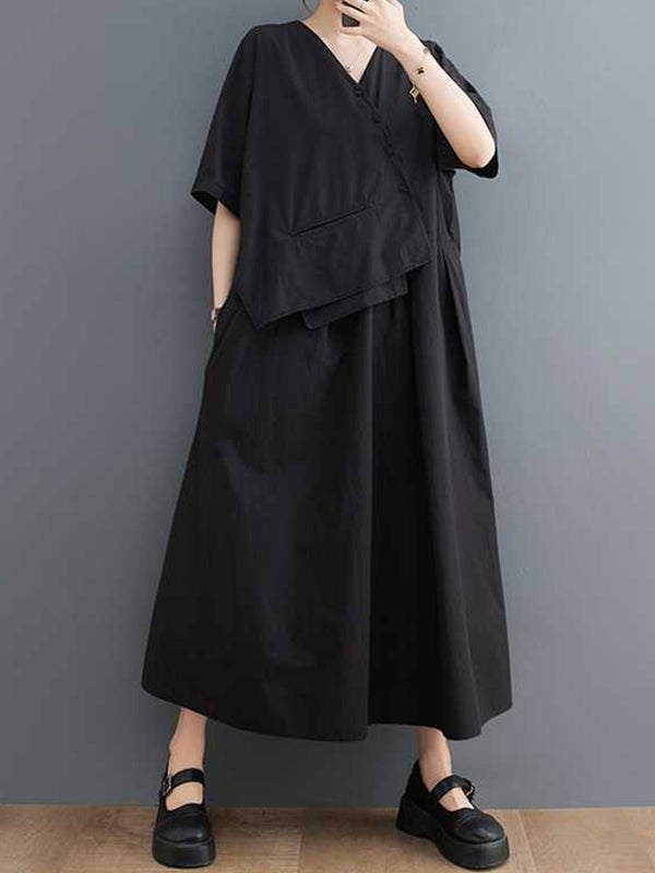 Pleated Solid Color Split-Joint Loose Short Sleeves V-Neck Midi Dresses