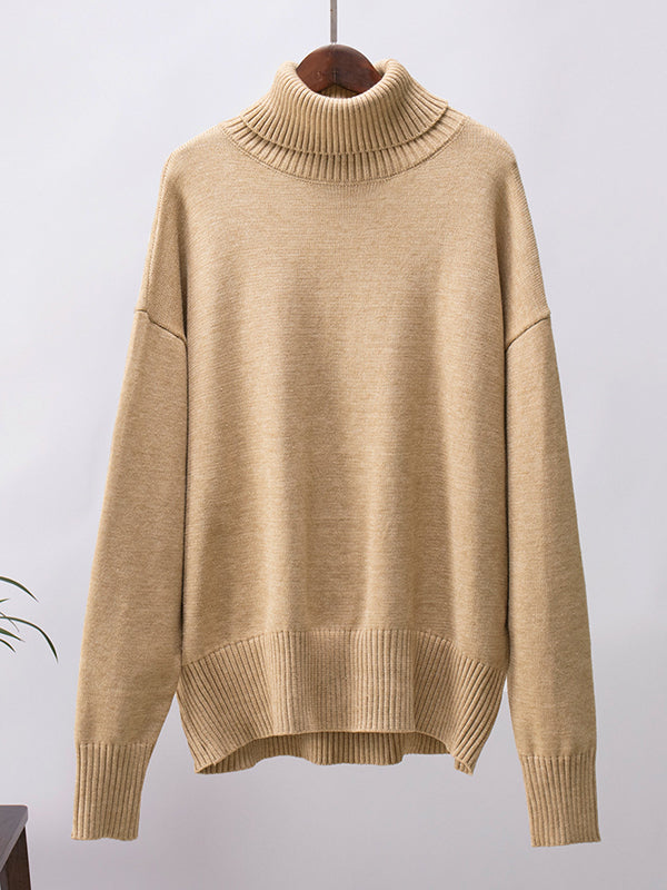 Solid Color Split-Joint High-Low Long Sleeves High Neck Sweater Tops