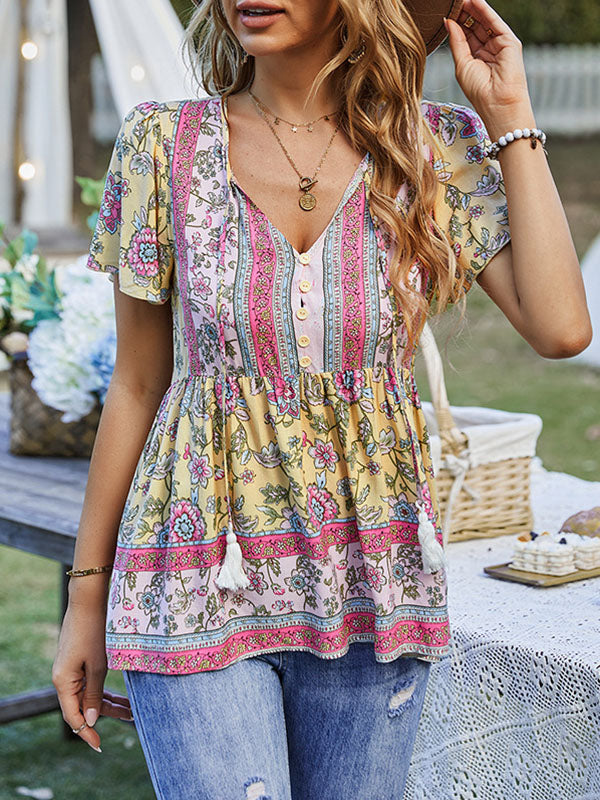 Buttoned Flower Print Split-Joint Tasseled Tied Loose Short Sleeves V-Neck T-Shirts Tops