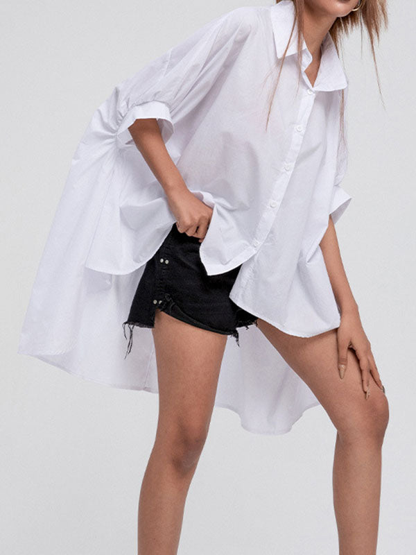 Solid Color Batwing Sleeves High-Low Lapel Blouses&Shirts Tops