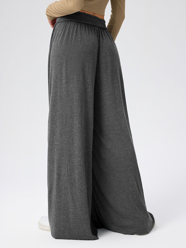 Pleated Pockets Solid Color Split-Joint High Waisted Loose Trousers Pants