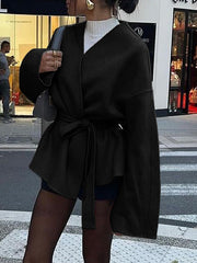 Solid Color Tied Waist Long Sleeves Loose V-Neck Outerwear
