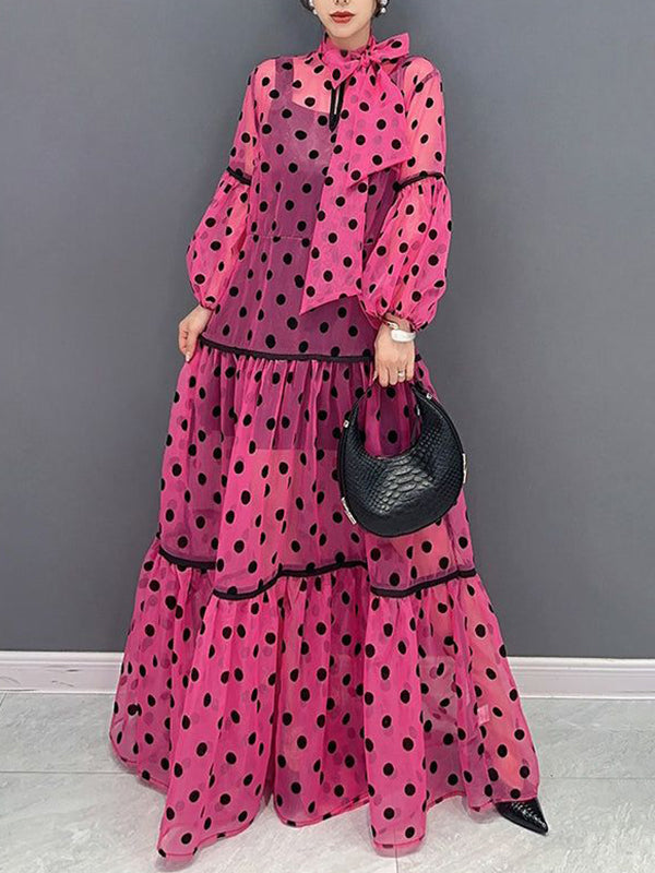 Elasticity Polka-Dot See-Through Split-Joint Tied Long Sleeves Loose Mock Neck Maxi Dresses