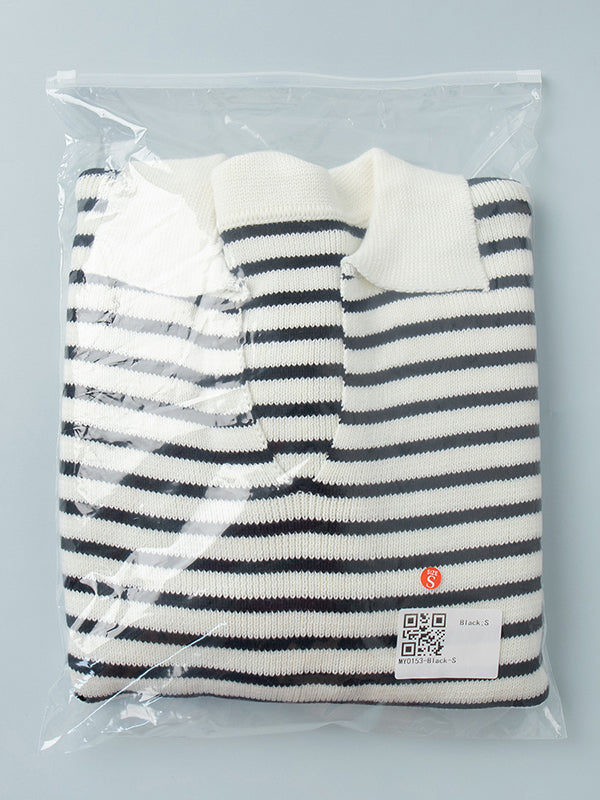 Split-Joint Striped Long Sleeves Loose Lapel Sweater Tops