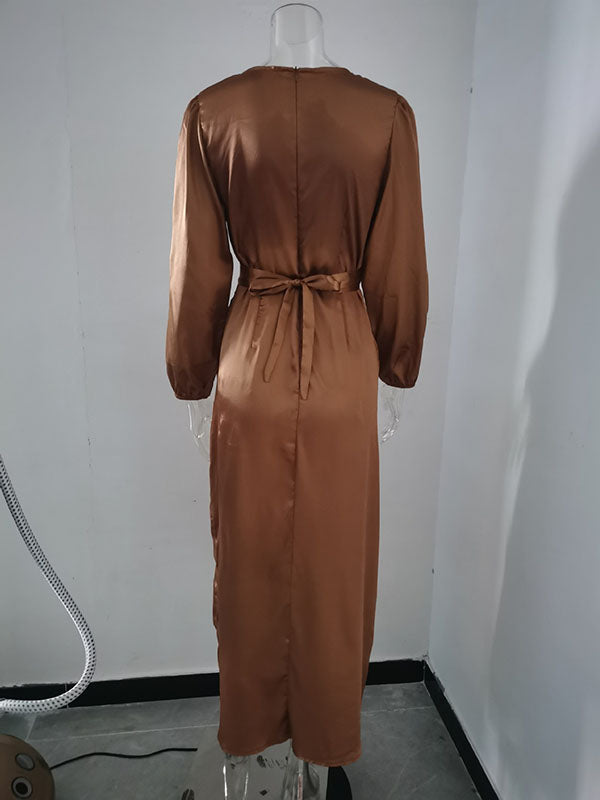High-Waisted Solid Color Tied Waist Zipper Wrap Round-neck Maxi Dresses