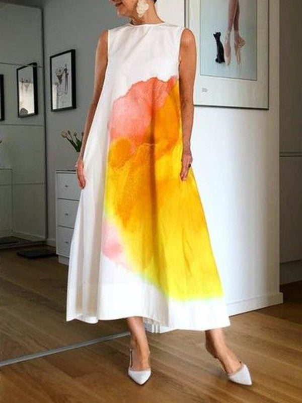 Flower Print Pockets A-line Loose Round-neck Midi Dresses