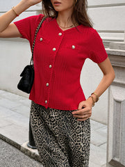 Buttoned Pockets Ribs Solid Color Long Sleeves Collarless Outerwear Cardigan Tops