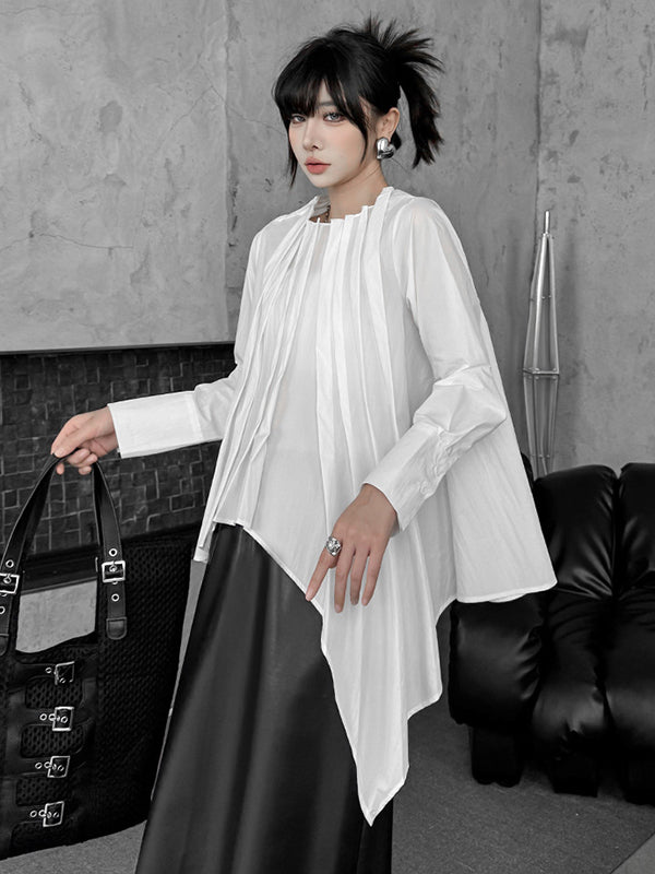 Asymmetric Pleated Solid Color Hipster Irregularity Round-Neck Blouses&Shirts Tops
