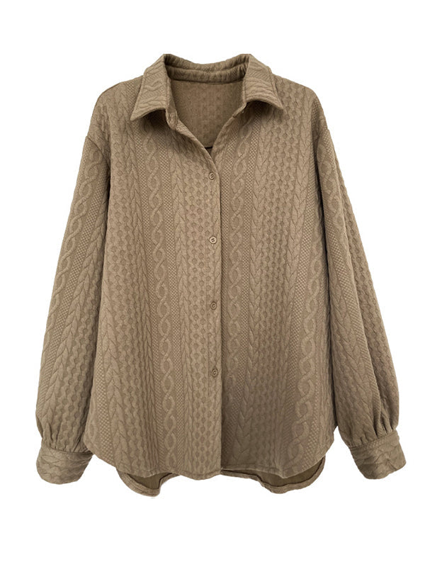 Simple Loose Long Sleeves Buttoned Solid Color Textured Lapel Collar Blouses&Shirts Tops