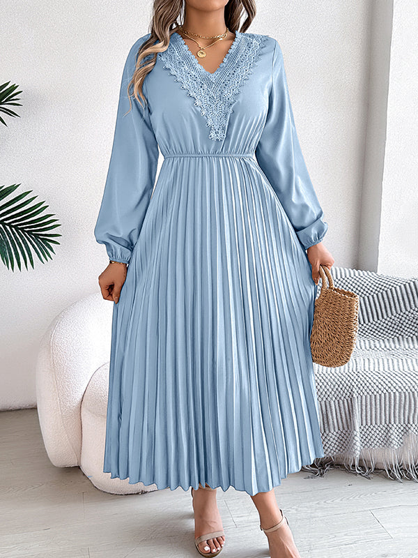 Pleated Solid Color Elasticated Waist High Waisted V-neck Midi Dresses