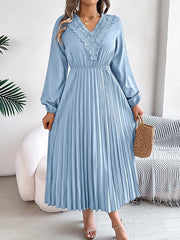 Pleated Solid Color Elasticated Waist High Waisted V-neck Midi Dresses
