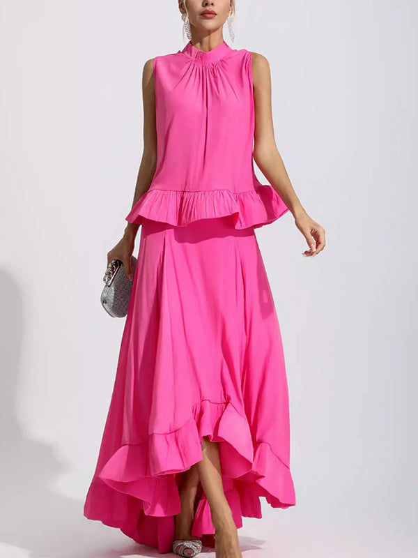 Pleated Ruffled Solid Color High Waisted High-Low Mock Neck Two Pieces Set