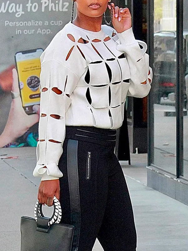 Hollow Solid Color Long Sleeves Loose Round-Neck T-Shirts Tops